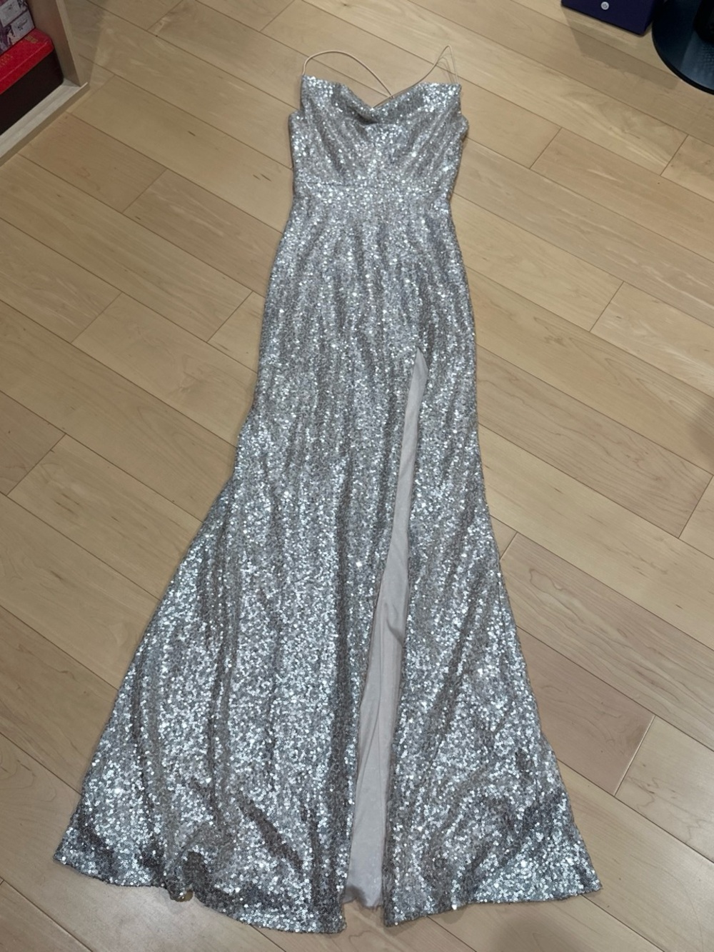 Windsor Silver Sequin Prom Gown with Thigh Slit - Picture 2 of 6